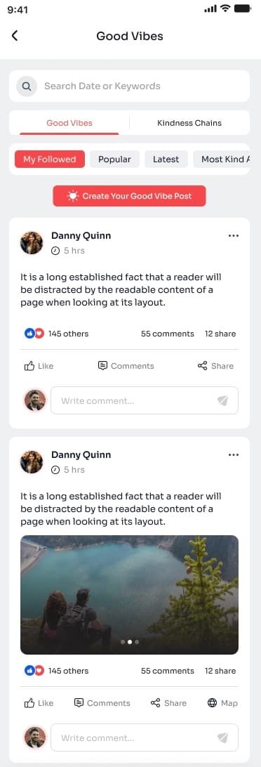 Good Vibes social feed with positive posts