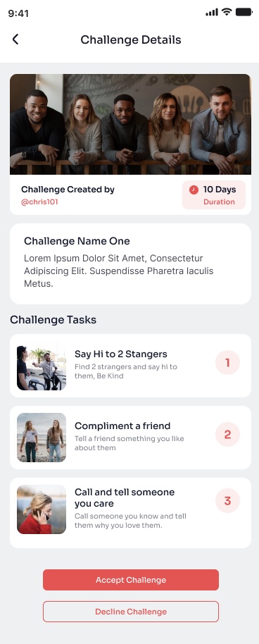 Challenge details showing tasks and accept/decline options