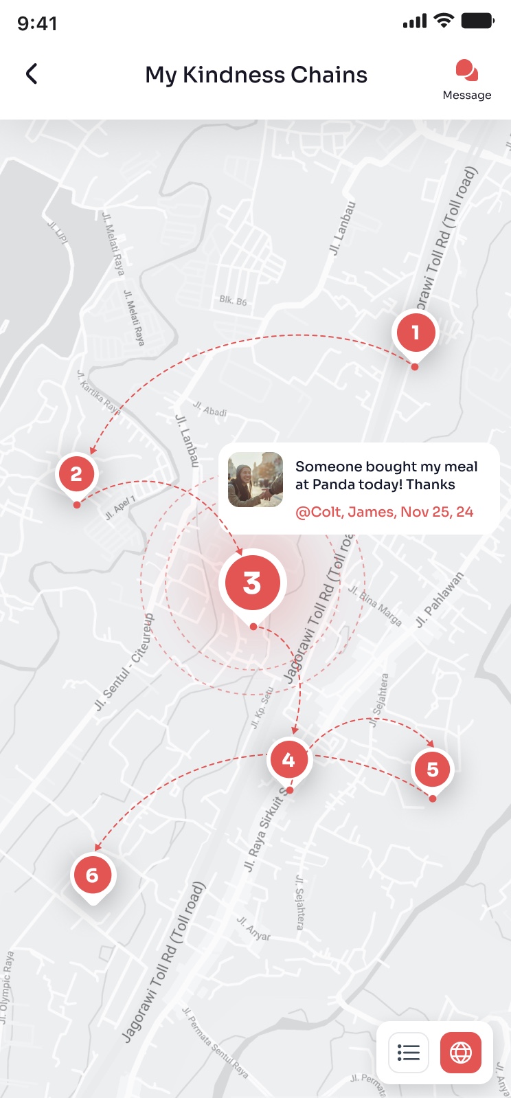 Kindness Chains Map showing connected acts of kindness